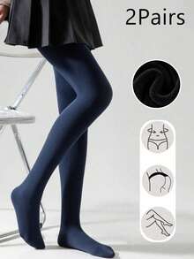 1/2 Pairs Women's Deep Blue Fleece Lined Leggings, Spring/Autumn Elastic Slim Fit Thin Fleece Stirrup Socks - Navy Blue - View 10