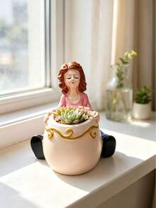Cute Resin Girl Hugging Pot Succulent Planter, Creative Character Flower Pot, Indoor Window Sill Desktop Garden Decor Gift - A - View 2