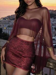 Women's Elegant Burgundy Sheer Mesh Cape Short Top + Sequin Mini Skirt 2 Pieces Set, Party Outfit, Autumn/Winter - Burgundy - View 3