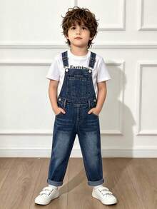 Young Boy Simple Light Blue Wide Leg Neutral Denim Overalls With Adjustable Straps, Versatile All-Season Long Pants, Without T-Shirt - Dark Wash - View 2