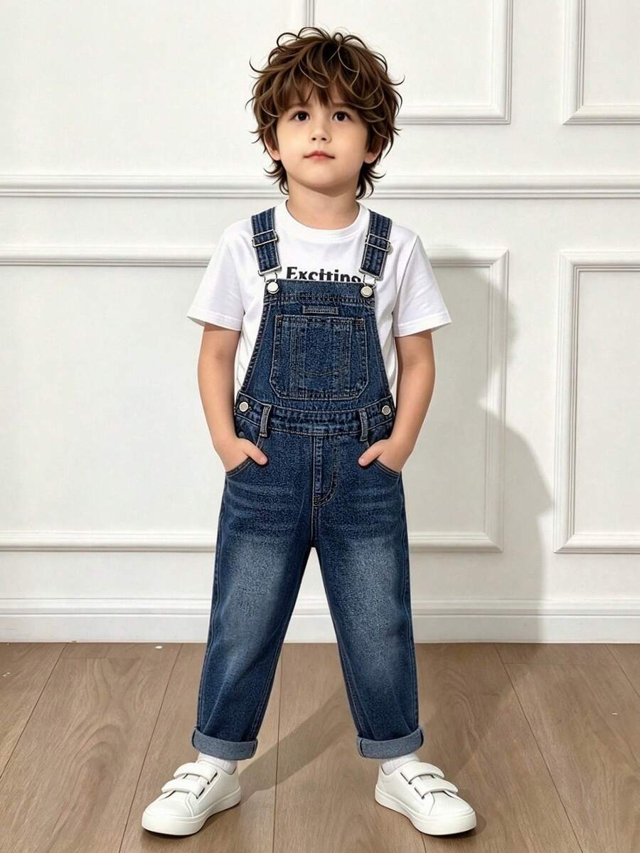 Young Boy Simple Light Blue Wide Leg Neutral Denim Overalls With Adjustable Straps, Versatile All-Season Long Pants, Without T-Shirt