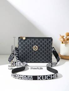 New M Pattern Print Multi-Compartment Small Square Clutch Bag With Letter Webbing Shoulder Strap, Crossbody Bag, Daily Commute Shoulder Bag, Dual-Use Crossbody And Clutch - Black - View 4
