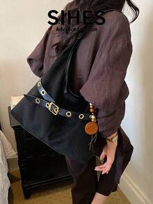 1pc Solid Color Suede Velvet New Women's Backpack, Shoulder Bag, Fashionable Large Capacity Crescent Bag, Magnetic Closure, Suitable For Commuting, Shopping, Dating, Shopping - Black - View 4