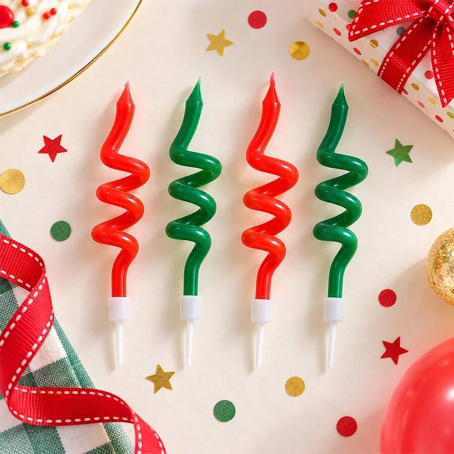 HIBIRTH 4pcs Creative Red & Green Rotating Spiral Curved Candles, Birthday & Christmas Cake Decoration Candles, Happy Birthday Cake Decor, Party Celebration Baking Plug-In Candles