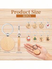 30pcs Blank Wooden Keychains, Round Unfinished Wooden Key Rings Tags, DIY Handmade Engraving Blank Pendants, Handmade Gift Making Accessories - Wood Color - View 2