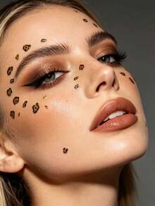 2pcs Cool Gold & Black Leopard Print Face Stickers, Wild Style Facial Makeup Decoration, Suitable For Music Festivals, Parties, Stage And Photography Styling, Self-Adhesive Glue-Free Beauty Stickers - Multicolor - View 2