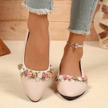 Women's Pointed Toe Soft PU Flat Shoes, Peony Flower Decor Wedding Shoes - Apricot - View 4