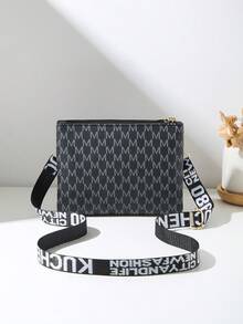 New M Pattern Print Multi-Compartment Small Square Clutch Bag With Letter Webbing Shoulder Strap, Crossbody Bag, Daily Commute Shoulder Bag, Dual-Use Crossbody And Clutch - Black - View 6