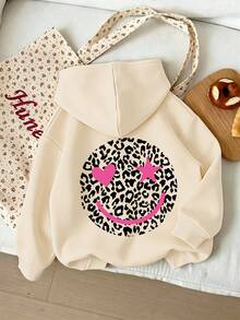 Tween Girl Hoodie, Leopard Smile Heart Star Graphic Pullover, Casual Long Sleeve Sweatshirt For Girls Spring Autumn School Wear. - Apricot - View 3