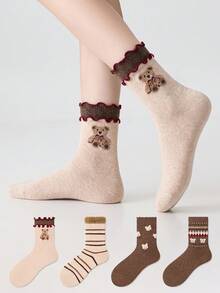 ZUJO 4 Pairs Women's Brown Fuzzy Mid-Calf Socks, Cartoon Bear Pattern, Cable Knit Texture, Ruffle Trim, Suitable For Autumn/Winter Daily Wear, Simple And Comfortable, Suitable For 5-15°C, Random Color Shipment - Brown - View 1