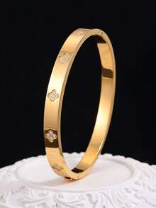 Camhanno 5pcs/Set Gold Stainless Steel Stackable Open Cuff Bracelet Set, Cubic Zirconia Clover & Roman Dial Design, Vintage Style For Women - Multicolor - View 9