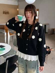 Women's Black Polka Dot Knit Cardigan Sweater, Casual Versatile Winter Outfit Top - Black - View 1