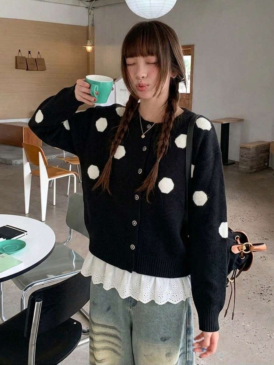Women's Black Polka Dot Knit Cardigan Sweater, Casual Versatile Winter Outfit Top - Black - View 1
