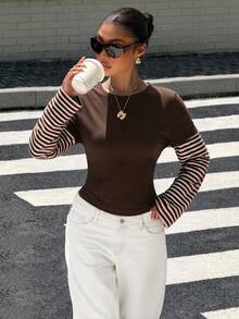 Knitted Cotton Striped Crew Neck Colorblock Top, Suitable For Casual Daily Wear - Chocolate Brown - View 2