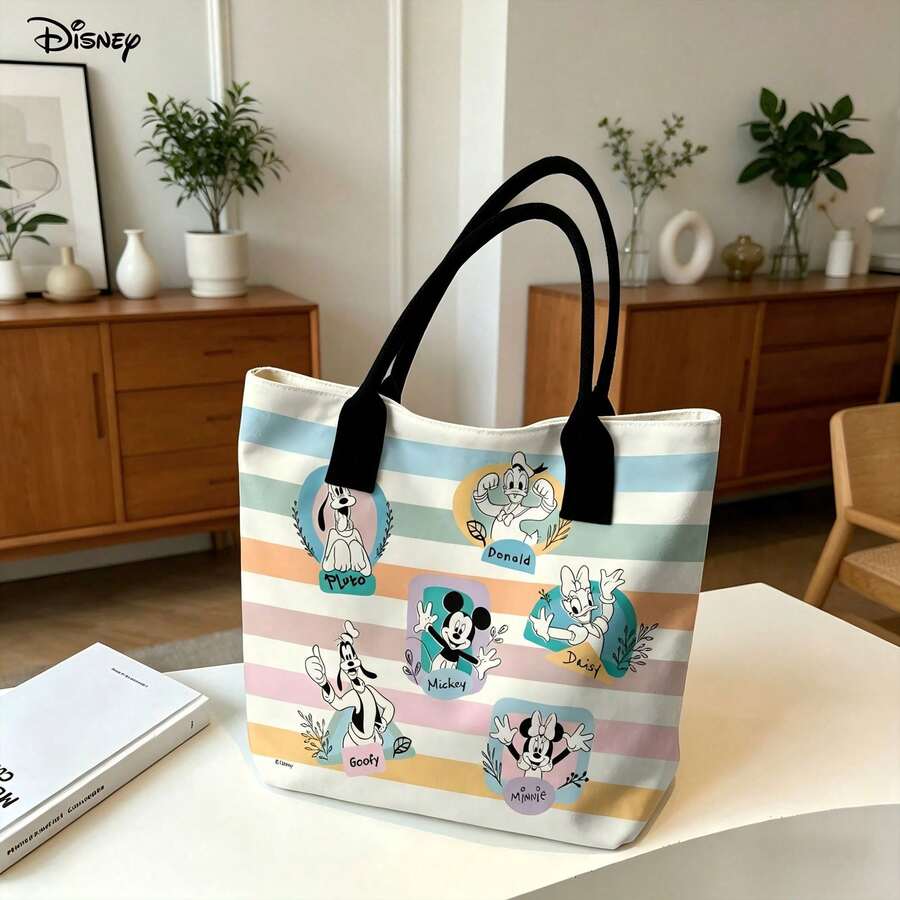 Miniso Disney Mickey And Friends 帆布托特包,馬卡龍條紋印花,附手柄肩背包,適合日常使用 - 黑色 - 查看 1