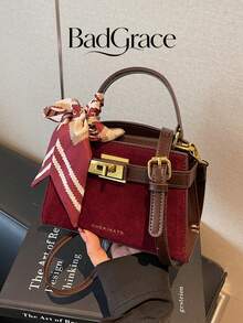 New Women's Small Square Handbag, PU Patchwork With Metal Lock Decoration, Striped Scarf And Bow Accessory, Adjustable Detachable Long Shoulder Strap, Hand-Carry And Crossbody, Structured Shape, Ample Capacity, Suitable For Daily Commute, Dating, Shopping, Gathering, Elegant Women's Bag - Burgundy - View 4