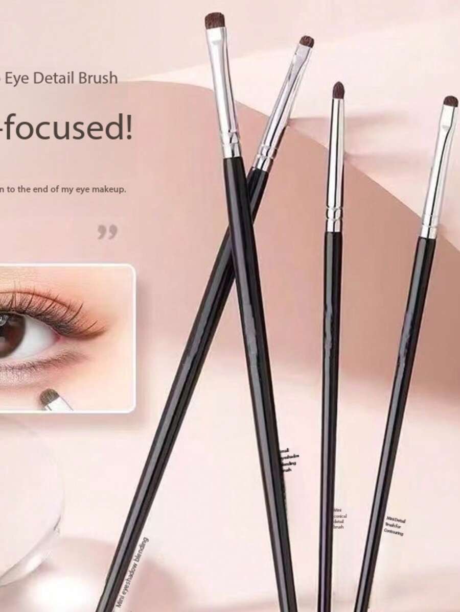 1 Set 4pcs Horse Hair Pressed Line Makeup Brushes, Small Pointed Makeup Brush, Angled Eyeshadow Brush, Portable Makeup Blending Brush - Black - View 1