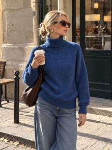 Cozy Blue Ribbed Turtleneck Sweater For Women, Long Sleeve Knitted Pullover Top, Medium Stretch Fall/Winter Fashion - Blue - View 1