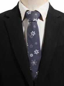 1PC Navy Blue Fresh Floral Jacquard Tie, Men's Casual & Light Business Shirt Accessory, Versatile Necktie - Multicolor - View 3