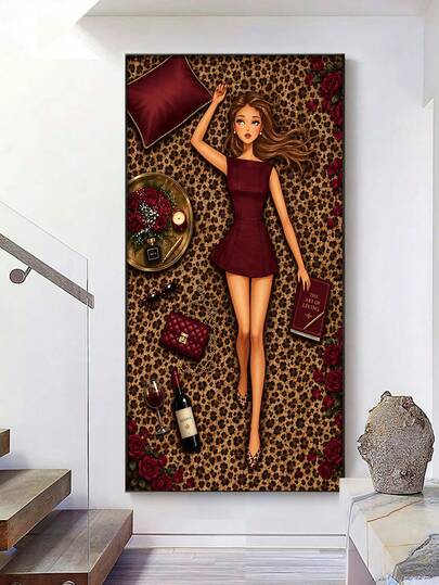 1pc Unframed Canvas Wall Art,Chic Glam Lady With Leopard Print Background Poster,Red Rose Wine Perfume Handbag Fashion Woman Canvas Painting,Modern Aesthetic Wall Decor For Living Room Bedroom Salon Home Decor