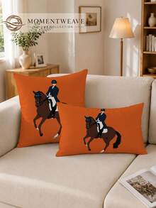 2pcs,Fashionable And Comfortable Cushion Covers,With Simple Vector Illustration Of Horse Rider In Formal Attire,Polyester Fiber Material,Hidden Zipper,No Filling,Suitable For Home Decor,Living Room Decor,Pillow Covers,Cushion Covers,Sofa Decorative Cushions,Home Decor,Pillow Covers,Soft Cushions. - Multicolor - View 7