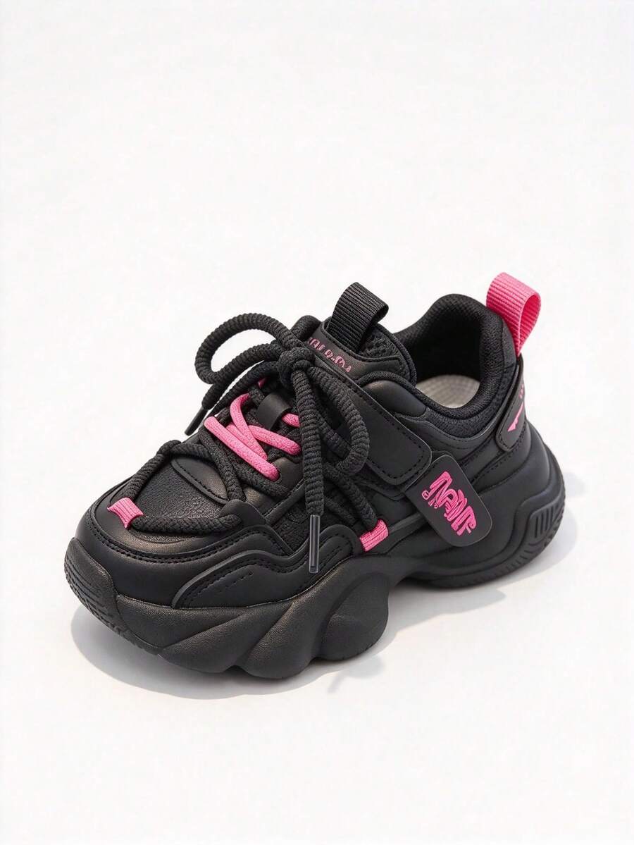 1 Pair Girls Color Block Platform Chunky Sneakers, Hook & Loop Lace-Up, Faux Leather Mesh, Rubber Sole, Round Toe Casual Shoes - Black and Pink - View 1