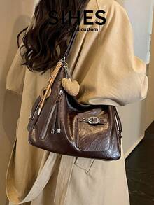 1pc Solid Color PU Leather New Women's Backpack, Shoulder Bag, Crossbody Bag, Tote Bag, Fashion Square Design, Zipper Closure, Dual Handles, Suitable For Commuting, Shopping, Dating, - Coffee - View 4