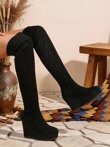 1 Pasang Sepatu Bot Wanita Hitam Setinggi Lutut, Ujung Bulat, Hak Wedges, Sol Tebal, Desain Modis - Hitam - View 1
