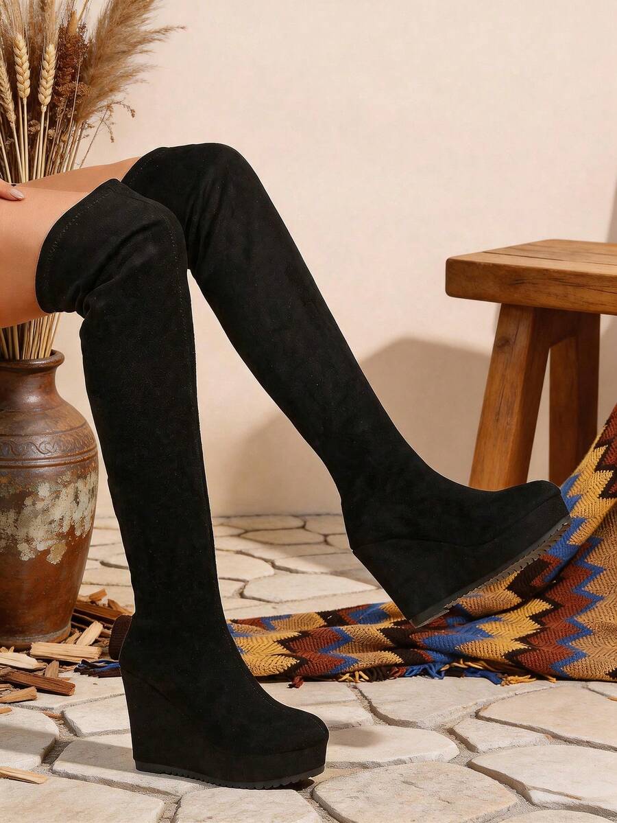 1 Pasang Sepatu Bot Wanita Hitam Setinggi Lutut, Ujung Bulat, Hak Wedges, Sol Tebal, Desain Modis - Hitam - View 1