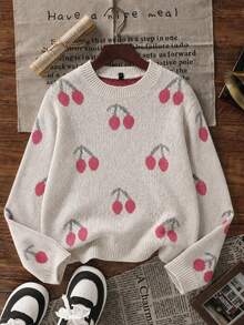 Tween Girl 1pc Cherry Knit Sweater, Young Student Children's Clothing, Warm And Comfortable Design Knit Top For Autumn And Winter - Apricot - View 2