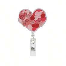 1pc Fun Glitter Pink Heart Acrylic Badge Clip, Valentine's Day Retractable Lanyard - Multicolor - View 12