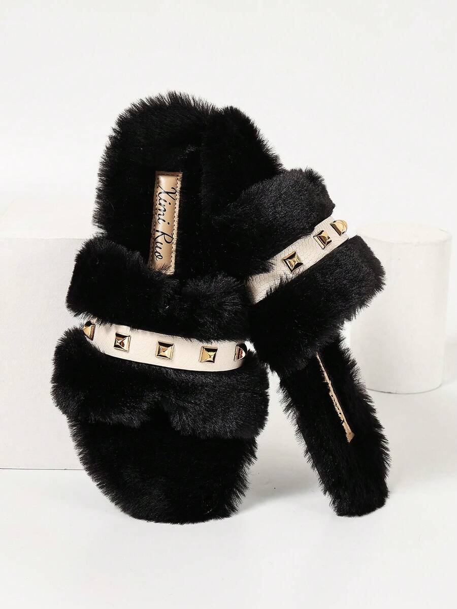 Ximi Ruo Women's Solid Color Flat Fuzzy Slippers, Casual Vacation Beach Home Indoor Outdoor Wear, Slouchy Home Outdoor Dual-Use Fleece Slippers