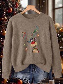 Plus Size Women Ghost Reading Bookshelf Pattern Casual Pullover Sweater - Earth Gray - View 9