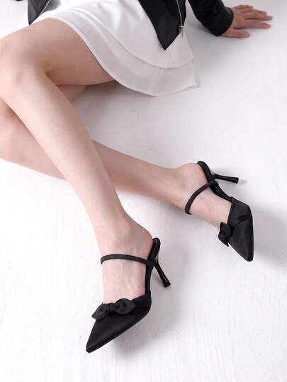 Charming Women's Sexy Bow Decor Pointed Toe Stiletto High Heels, Fashionable Elegant Satin Design Black High Heels, Suitable For Daily Wear, Wedding Shoes, Party Shoes, Vacation Shoes, Unique Glamorous Fashion Shoes, Halloween, Christmas, Autumn, Disco, Evening Party