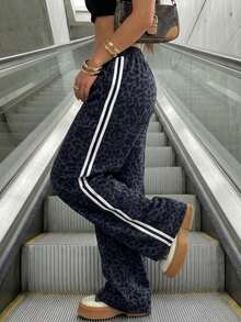 Loose Long Waist Drawstring Side Striped Straight Leg Pants For Women, All-Over Striped Leopard Print Pattern, Suitable For Spring/Summer - Multicolor - View 2