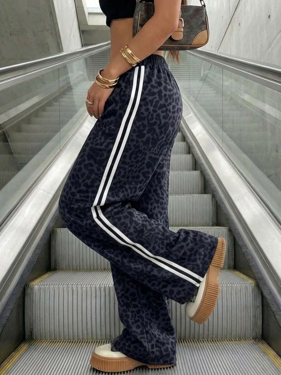 Loose Long Waist Drawstring Side Striped Straight Leg Pants For Women, All-Over Striped Leopard Print Pattern, Suitable For Spring/Summer