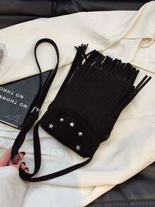 Tas Selempang Bahu Rumbai Dua Sisi Gaya Bohemian Minimalis Personalisasi Vintage dengan Finishing Matte - Hitam - View 6