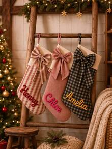 1 Personalized Christmas Stocking – Custom Handmade Yarn Name, Bow, And Plaid/Stripe Design; Suitable For Hanging By The Fireplace As Holiday Decor Or As A Festive Gift Bag. - Multicolor - View 4