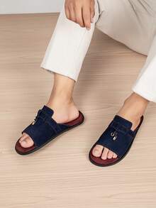Men's Luxury One-Strap Slide Slippers With Exquisite Metal Ring Buckle Design, Delicate Suede Texture, Premium Metal Buckle Decor For Sophisticated Style, Soft Lining Conforming To Foot - Blue-red - View 6