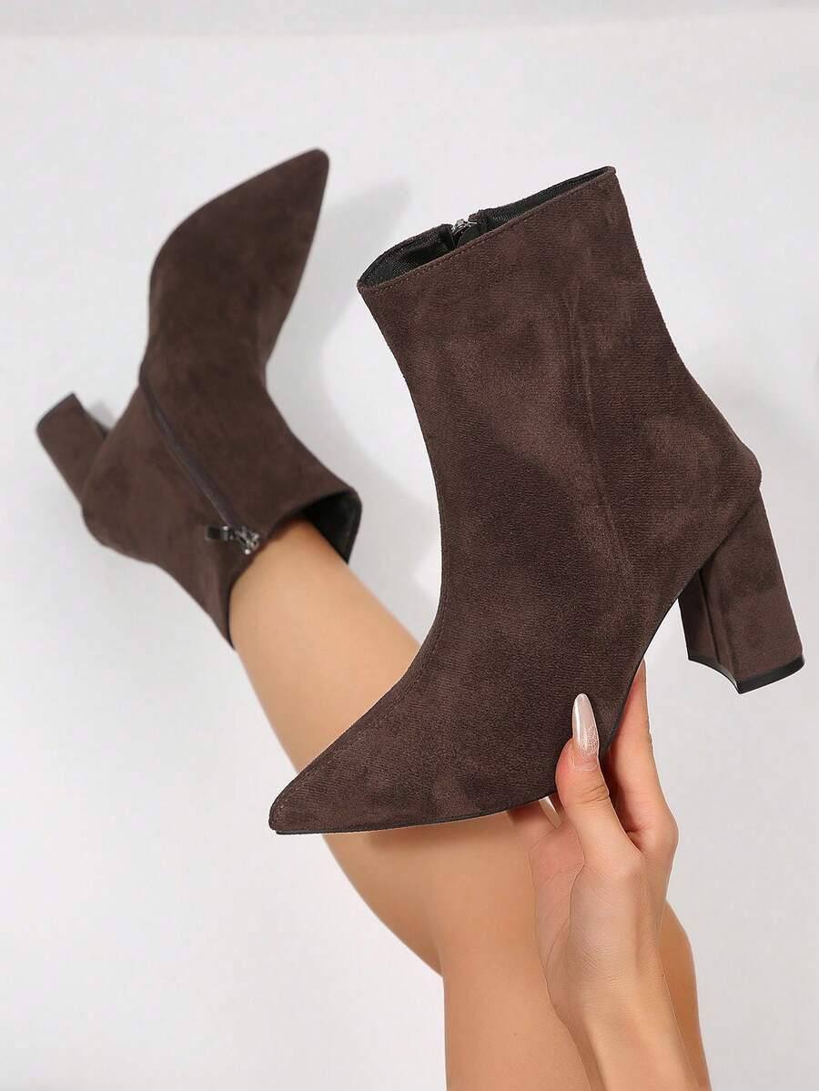 Pointed Toe Block Heel Ankle Booties Side Zipper Suede Texture Fashion Short Boots For Women - Brown - View 1