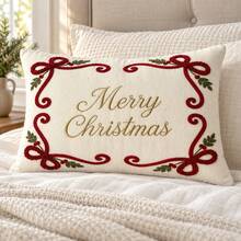 Christmas Leopard Pattern Ornament & Red Bow Embroidered Cushion Cover, Square Or Lumbar Decorative Pillow Cover For Sofa & Bedroom - Multicolor - View 5