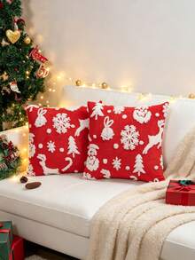 2pcs Christmas Tufted Sherpa Fleece Throw Pillow Covers, Red Base With 3D White Snowflake & Dot Pattern, Soft Plush Cushion Covers For Sofa Couch Bedroom Living Room Holiday Home Decor, Insert Not Included - Multicolor - View 12