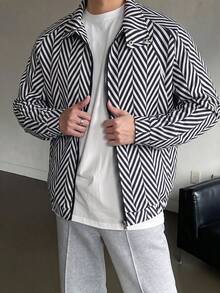 1 buah Jaket Pria Motif Tulang Ikan Hitam Putih, Kerah Tegak dengan Hiasan Kancing, Penutup Resleting Penuh, Ujung dan Manset Bergaris, Potongan Longgar, Kain Tenun Halus, Ringan dan Mudah Disimpan, Gaya Sporty, Cocok untuk Hiking, Olahraga, Panjat Tebing, Perjalanan, Dapat Dicuci dengan Mesin dan Dapat Dicuci Kering - Hitam dan Putih - View 5