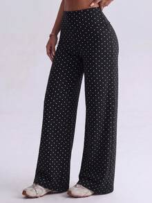 Women Polka Dot Wide Leg Yoga Pants, Fold Over High Waist Tummy Control Butt Lift, Soft Stretch Non-See-Through Workout Trousers For Gym Daily Wear - Black and White - View 4