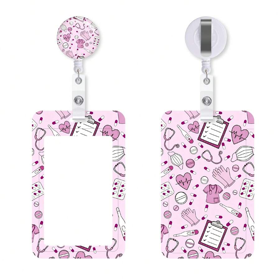Pink Medical Element Badge Reel & ID Card Holder Set, Stethoscope Heart Pill Pattern Retractable Badge Clip, Cute Nursing Name Tag Holder For Nurse Medical Staff - Rectangle - View 1
