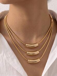 1pc Fashionable Exquisite 3-Layer Flat Snake Chain With Ball Pendant Layered Collarbone Necklace, Suitable For Women's Daily Wear, Holiday Gift And Birthday Gift - Golden Yellow - Round Snake - View 3