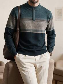 Men Color Block Quarter Zip Sweater, For Fall Winter, Long Sleeve Top - Green - View 2