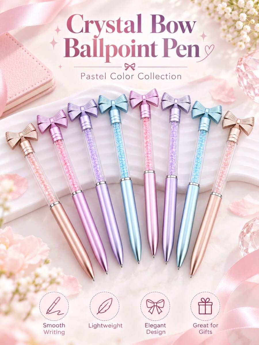 4/8pcs Crystal Bow Ballpoint Pens, Metal-Textured Bow And Glitter Bead Decoration On Top, Macaron Color Scheme Writing Pens, Suitable For School, Office And Journaling, Gift For Women And Girls - Sets - View 1
