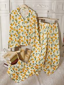 3pcs Set Autumn/Winter Lemon Pattern Trim Front Button Lapel Long Sleeve Top, Camisole Top, Long Pants Women's Pajama Set - Multicolor - View 3