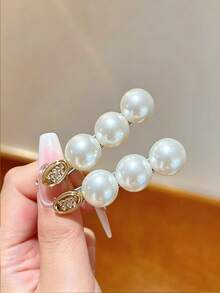2pcs Casual Zinc Alloy Versatile Girl Pearl Bangs Side Hair Clips Simple Premium Feel Vintage Broken Hair Hair Clips One-Line Clips - White - View 7